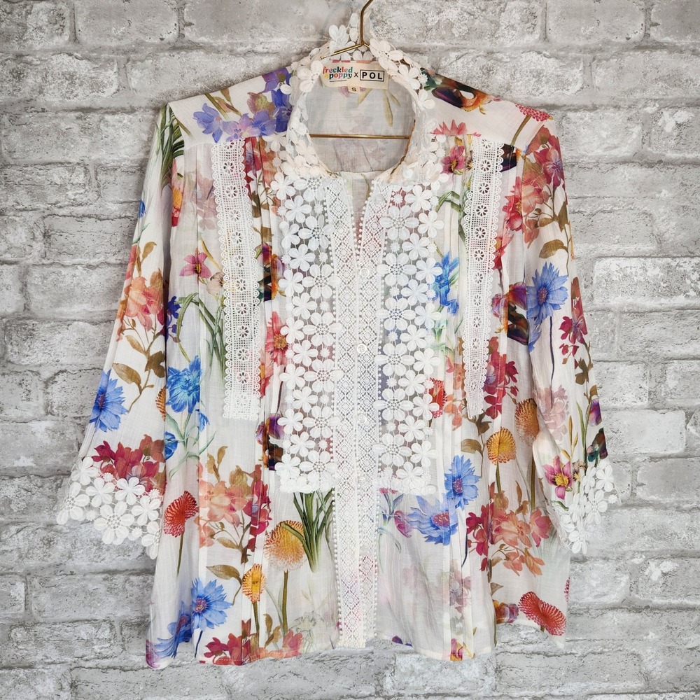 Freckled Poppy x POL Blouse Floral Lace Cotton Boho Romantic Size S